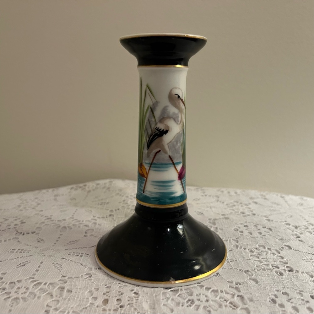Vintage black with gold accents porcelain stork candlestick holder